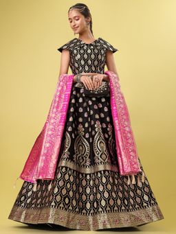 PURVAJA - Jacquard Woven Design Stitched Lehenga & Unstitched Blouse with Dupatta - Black (Set of 3)