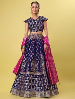PURVAJA - Jacquard Woven Stitched Lehenga & Unstitched Blouse with Dupatta - Navy Blue (Set of 3)