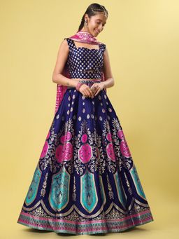 PURVAJA - Jacquard Woven Stitched Lehenga & Unstitched Blouse with Dupatta - Navy Blue (Set of 3)