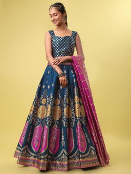 PURVAJA - Jacquard Woven Design Stitched Lehenga & Unstitched Blouse with Dupatta - Teal (Set of 3)