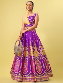 PURVAJA - Jacquard Woven Design Stitched Lehenga & Unstitched Blouse with Dupatta - Purple (Set of 3)