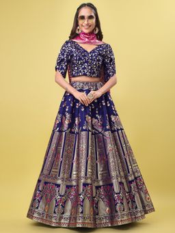 PURVAJA - Jacquard Woven Stitched Lehenga & Unstitched Blouse with Dupatta - Navy Blue (Set of 3)