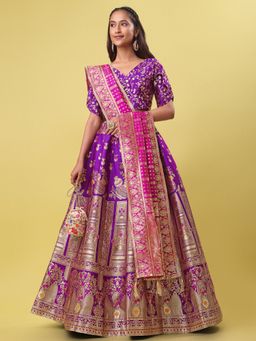 PURVAJA - Jacquard Woven Design Stitched Lehenga & Unstitched Blouse with Dupatta - Purple (Set of 3)