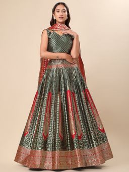 PURVAJA - Jacquard Woven Design Stitched Lehenga & Unstitched Blouse with Dupatta - Green (Set of 3)