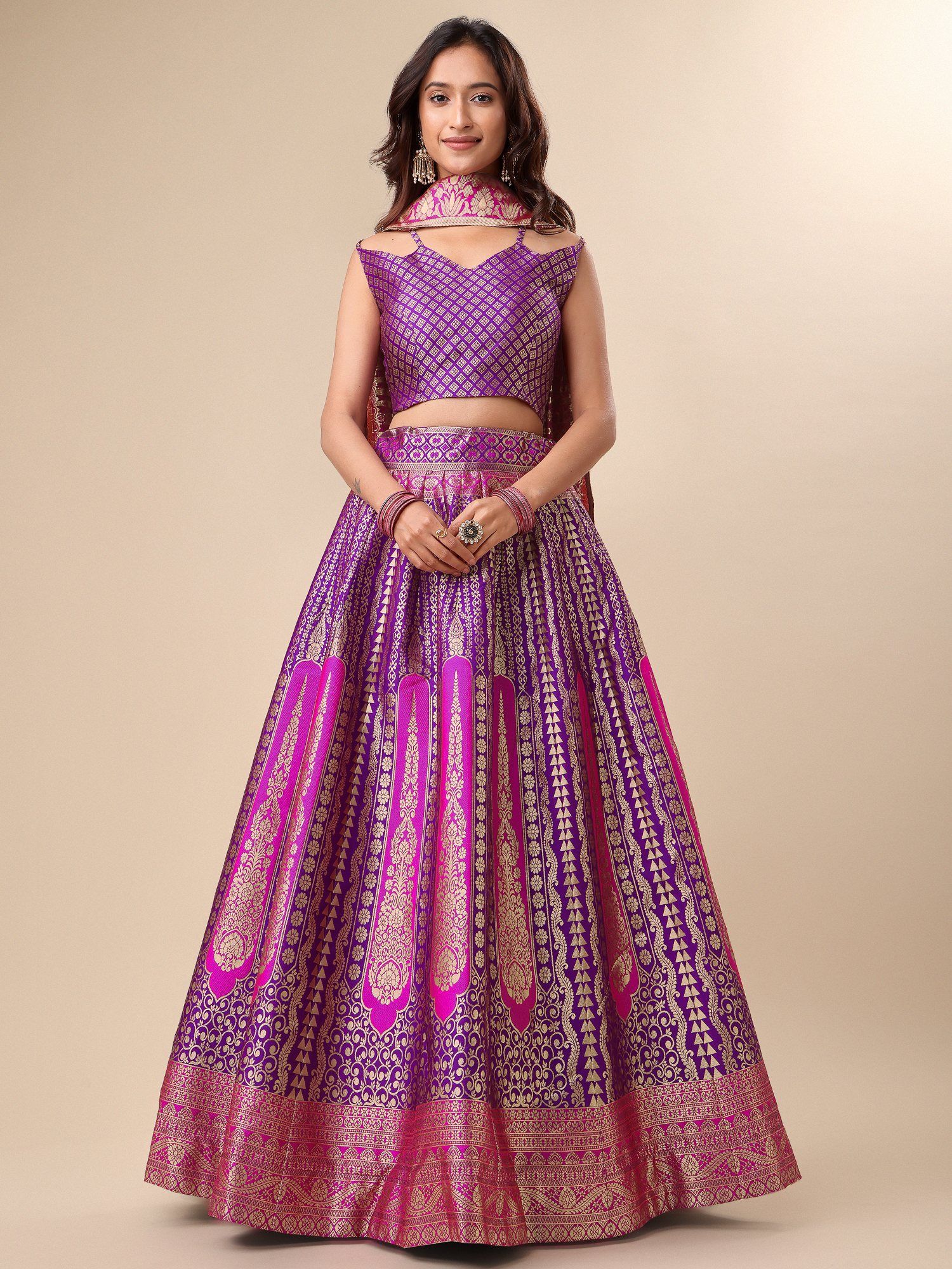 Jacquard Woven Design Stitched Lehenga & Unstitched Blouse with Dupatta - Purple (Set of 3)-image-40
