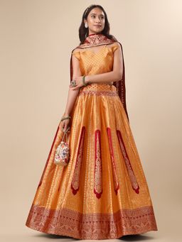 PURVAJA - Jacquard Woven Design Stitched Lehenga & Unstitched Blouse with Dupatta - Yellow (Set of 3)