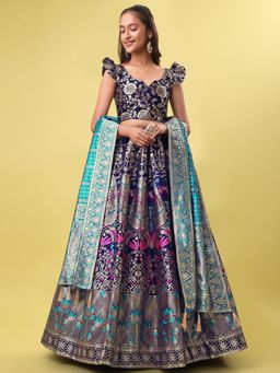 PURVAJA - Jacquard Woven Stitched Lehenga & Unstitched Blouse with Dupatta - Navy Blue (Set of 3)