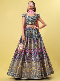 PURVAJA - Jacquard Woven Design Stitched Lehenga & Unstitched Blouse with Dupatta - Teal (Set of 3)