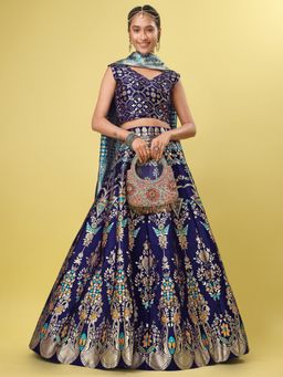 PURVAJA - Jacquard Woven Stitched Lehenga & Unstitched Blouse with Dupatta - Navy Blue (Set of 3)