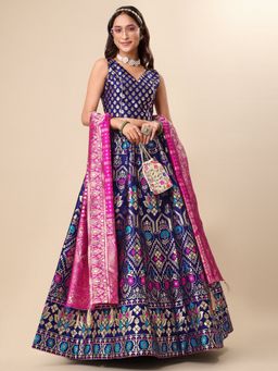 PURVAJA - Jacquard Woven Stitched Lehenga & Unstitched Blouse with Dupatta - Navy Blue (Set of 3)
