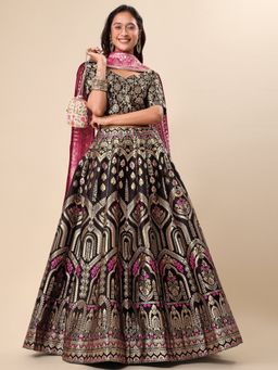 PURVAJA - Jacquard Woven Design Stitched Lehenga & Unstitched Blouse with Dupatta - Black (Set of 3)