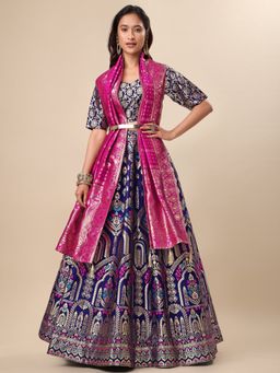 PURVAJA - Jacquard Woven Stitched Lehenga & Unstitched Blouse with Dupatta - Navy Blue (Set of 3)