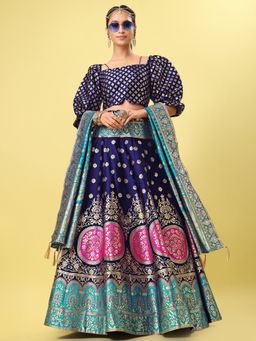PURVAJA - Jacquard Woven Stitched Lehenga & Unstitched Blouse with Dupatta - Navy Blue (Set of 3)