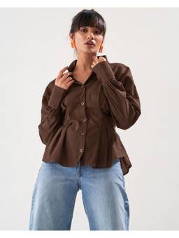 Twenty Dresses by Nykaa Fashion - Women Brown Solid Pleated Waist Peplum Shirt