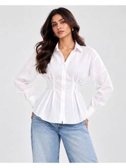 Twenty Dresses by Nykaa Fashion - Women White Solid Pleated Waist Peplum Shirt