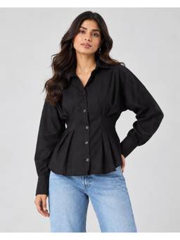 Twenty Dresses by Nykaa Fashion - Women Black Solid Pleated Waist Peplum Shirt