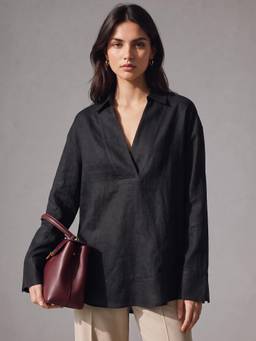 Twenty Dresses by Nykaa Fashion - Womens Black Oversized Linen V-Neck Top