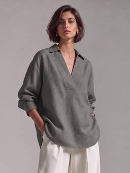 Twenty Dresses by Nykaa Fashion - Womens Olive Oversized Linen V-Neck Top