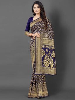 Akhilam - Women Silk Blend Navy Blue Celebrity Saree with Unstitched Blouse