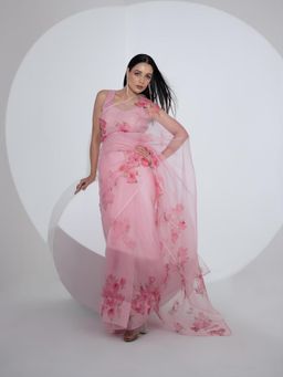 Fallon Studio by Shruti Kaushik - Pink Floral Bodhi Saree with Unstitched Blouse