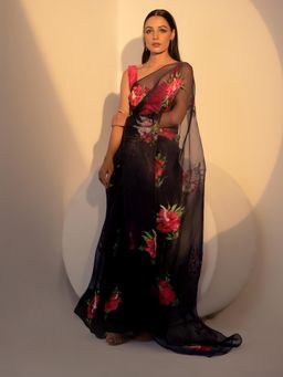 Fallon Studio by Shruti Kaushik - Navy Blue Floral Dhuni Saree with Unstitched Blouse