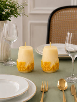 Velvetine Soiree - Small Floral White Beeswax Dinner Table Candles (Pack of 2)