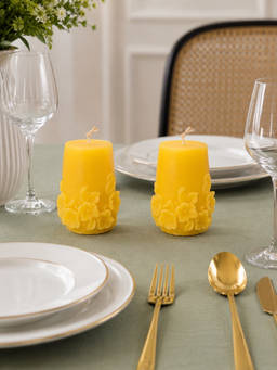 Velvetine Soiree - Small Floral Yellow Beeswax Dinner Table Candles (Pack of 2)