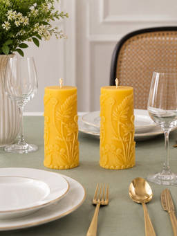 Velvetine Soiree - Botanical Floral Yellow Beeswax Dinner Table Candles (Pack of 2)