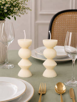 Velvetine Soiree - Sculptural Ribbed White Beeswax Dinner Table Candles (Pack of 2)