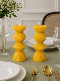 Velvetine Soiree - Sculptural Ribbed Yellow Beeswax Dinner Table Candles (Pack of 2)