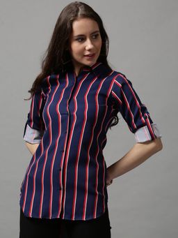SHOWOFFFF - Women's Spread Collar Striped Navy Blue Polycotton Shirt