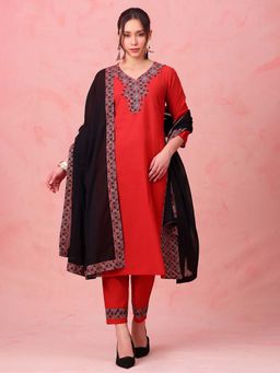 Vbuyz - Women Red Embroidered Kurta with Pant and Dupatta