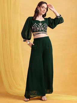 Vbuyz - Women's Green Embroidered Georgette Stitched Top with Sharara