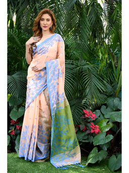 Beatitude - Peach Jacquard Jamdani Cotton Silk Saree with Unstitched Blouse
