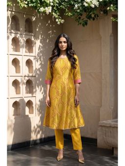 W - Yellow Geometric Printed A-Line Kurta