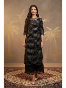 W - Black Printed Rayon Embroidered Neck Straight Kurta