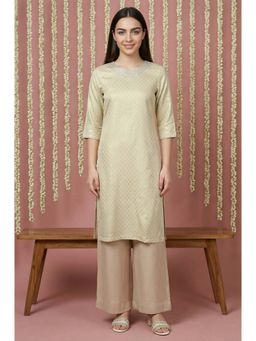 W - Mint Green Printed Rayon Embroidered Neck Straight Kurta