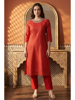 W - Red Printed Rayon Embroidered Neck Straight Kurta