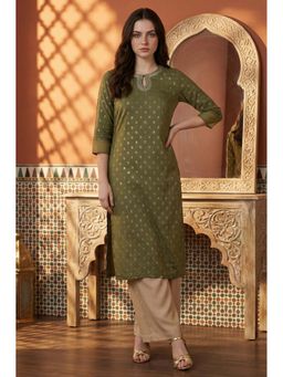 W - Green Printed Rayon Embroidered Neck Straight Kurta