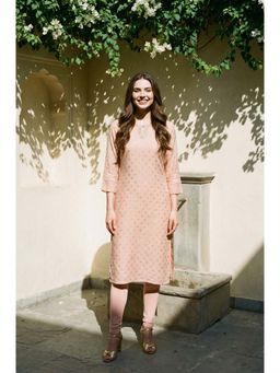 W - Peach Glitter Printed Embroidered Rayon Straight Kurta