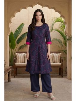 W - Navy Blue Floral Printed Straight Shantung Kurta