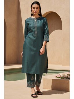 W - Green Polyester Embroidered Round Neck Kurta with Pant (Set of 2)