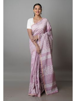 Unnati Silks - Pale Pink Pure Block Printed Chanderi Sico Saree with Unstitched Blouse