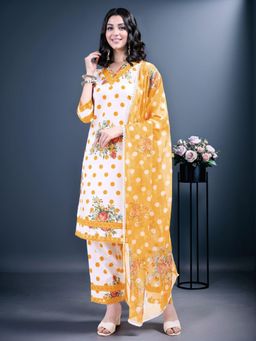 Gahan - White & Yellow Polka Dot Floral Printed Kurta and Pant with Embroidered Lace Dupatta