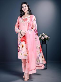 Gahan - Pink Floral Printed Cotton blend Kurta and Pant with Lace Dupatta