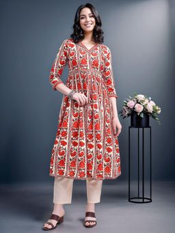 Gahan - Red & Cream Floral Printed Cotton blend Anarkali Kurta