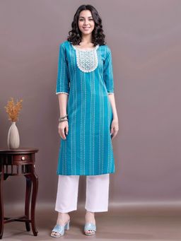 Gahan - Aqua Blue Handloom Pure Cotton Straight Kurta with Embroidered Neckline