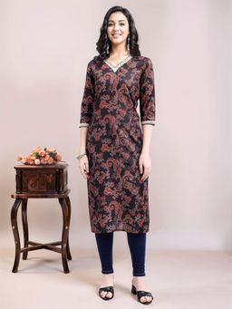 Gahan - Printed Straight Cotton blend Kurta with Paisley Motifs & Lace Neckline