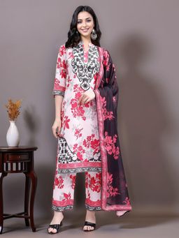 Gahan - White and Pink Floral Printed Cotton blend Straight Kurta Pant & Dupatta