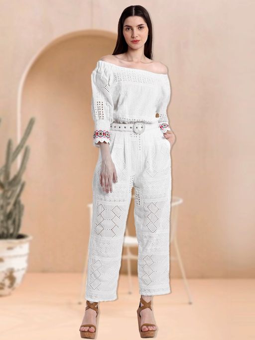 Buy IKI CHIC White Cotton Lace Bardot Balloon Sleeve Jumpsuit (Set
